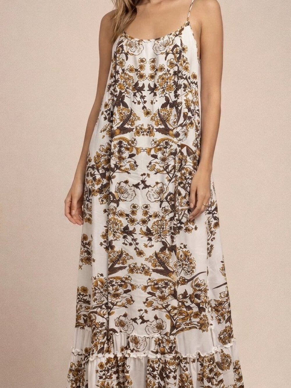 Gold Hawk Ivory Brown Floral 100% Silk Toile Maxi Dress Size M